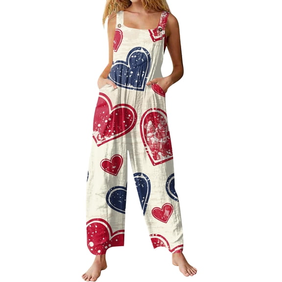 Kixjoy Plus Size Overalls for Women Oversized Casual Wide Leg Jumpsuit Heart Print Valentine's Day Baggy Pant Fashion Fall Womens Overalls with Pockets, White M