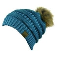thumbnail image 2 of NYFASHION101 Exclusive Soft Stretch Cable Knit Faux Fur Pom Pom Beanie Hat - Teal Metallic, 2 of 2