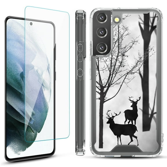 Shockproof Bumper Phone Case for Samsung Galaxy S22  / S22 Plus 5G, with Tempered Glass Screen Protector, by OneToughShield ® - Forest Deer