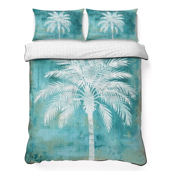 Quilts Twin Size Bedding Set, Teal Summer Palm Tree Lightweight Quilted Comforter, Coastal Beach Tropical Botanical Vintage Soft Bedspread Coverlet with Pillow Covers for All Season, 68" x 86"