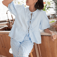 thumbnail image 5 of Okbabeha Women Summer Basic T-Shirt Casual Striped Print Tie Front Short Sleeve Tops for Streetwear Aesthetic Grunge Clothes, 5 of 6