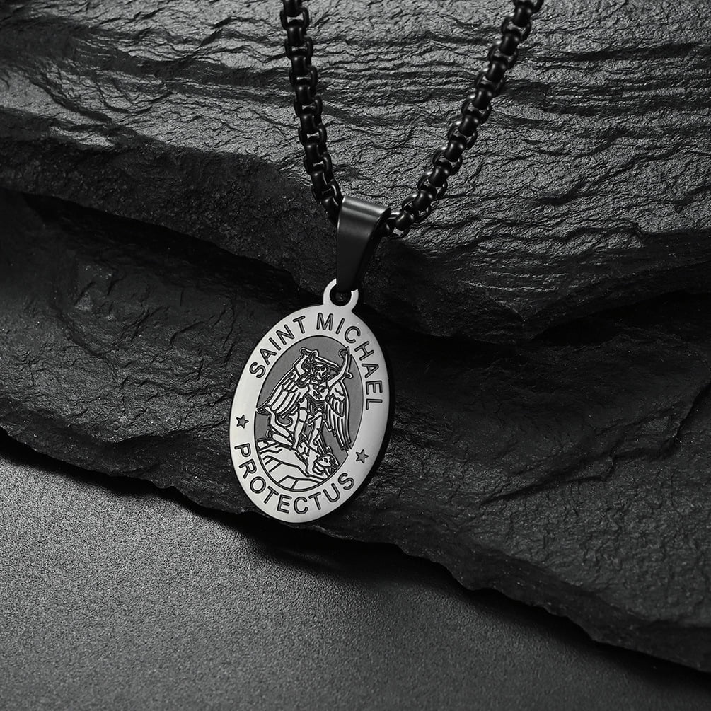 Raymard Saint St Michael Pendant Necklace Men Titanium Steel Religious Christian Gift Archangel Amulet Exorcism Protection 24 Inch Rolo Chain