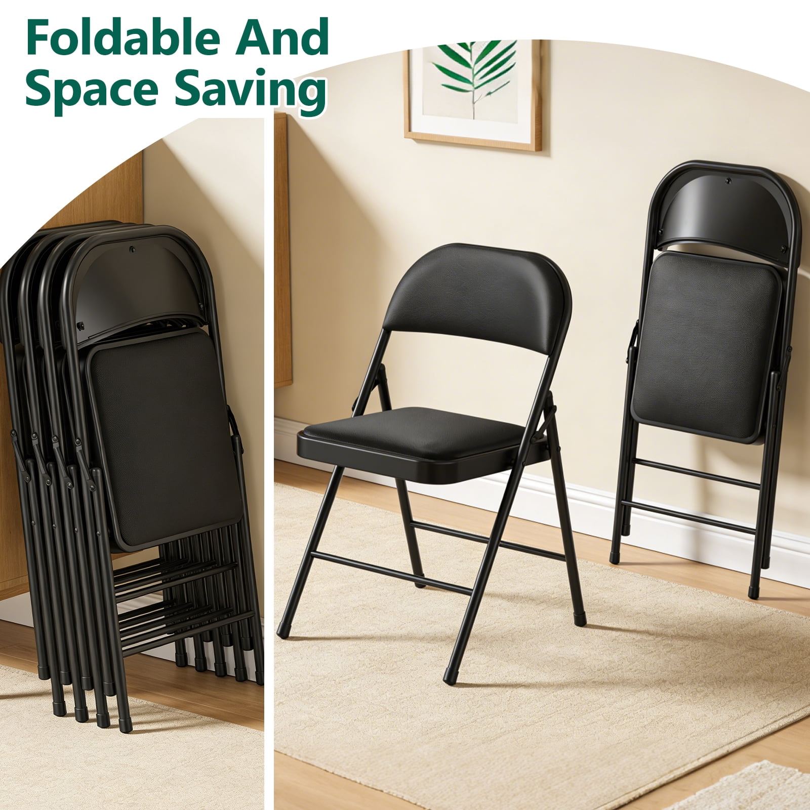WASUHE 4 Pcs Folding Chairs, PU Leather Padded Folding Chairs with Padded Cushion and Back, Portable Lightweight Stackable Sillas Para Fiestas for Home, Office, Party, Indoor & Outdoor, Black