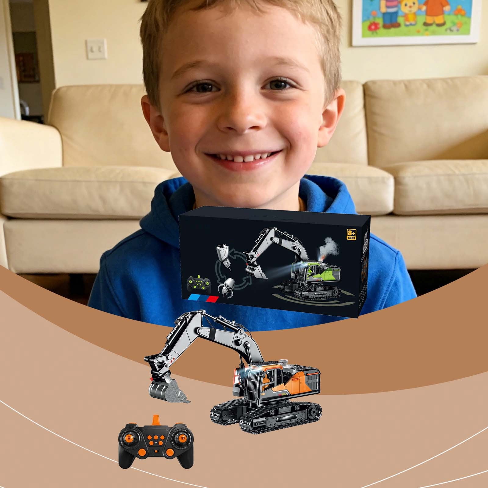 6 Channel Remote Control Excavator Toy Construction Vehicle with Light Rechargeable Crawler for Boys Girls Age 8 Plus Sand Dirt Grass Play Birthday Gift STEM Learning for Construction Play Set