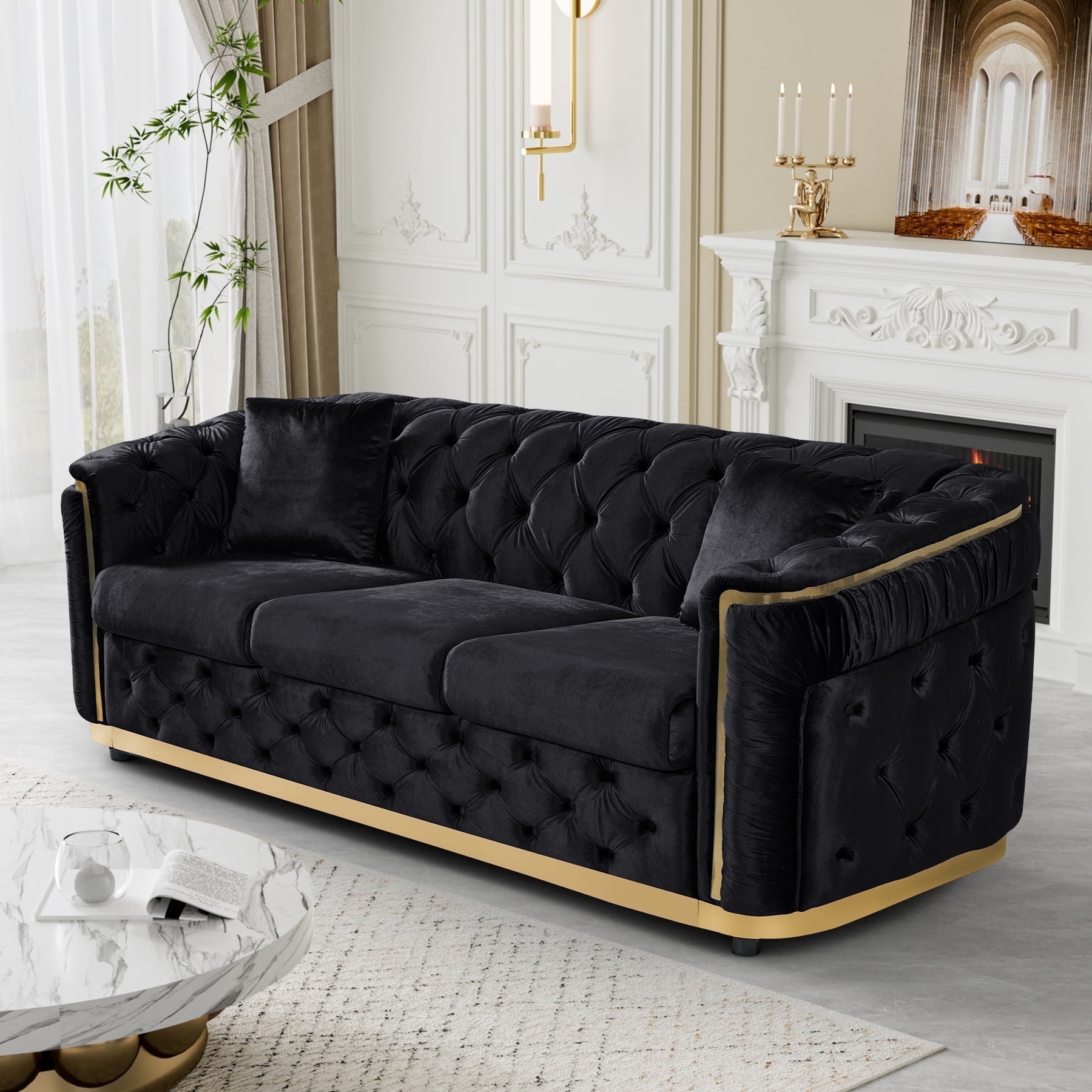 Wiilayok 84.6" Velvet Button Tufted Sofa,Mid-Century Classic Chesterfield Sofa Couch with Thick Backrest&Armrest,Gold Steel Accents,3 Seat Sofa Couches for Living Room,Black