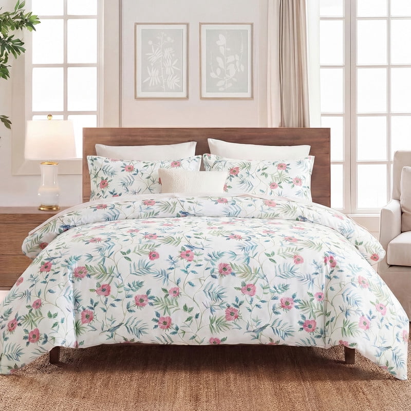Pink Floral Duvet Cover King Size, 100% Cotton Duvet Cover Set with Zipper Closure & Corner Ties, Soft Breathable Branches Floral Bedding Set for All Seasons