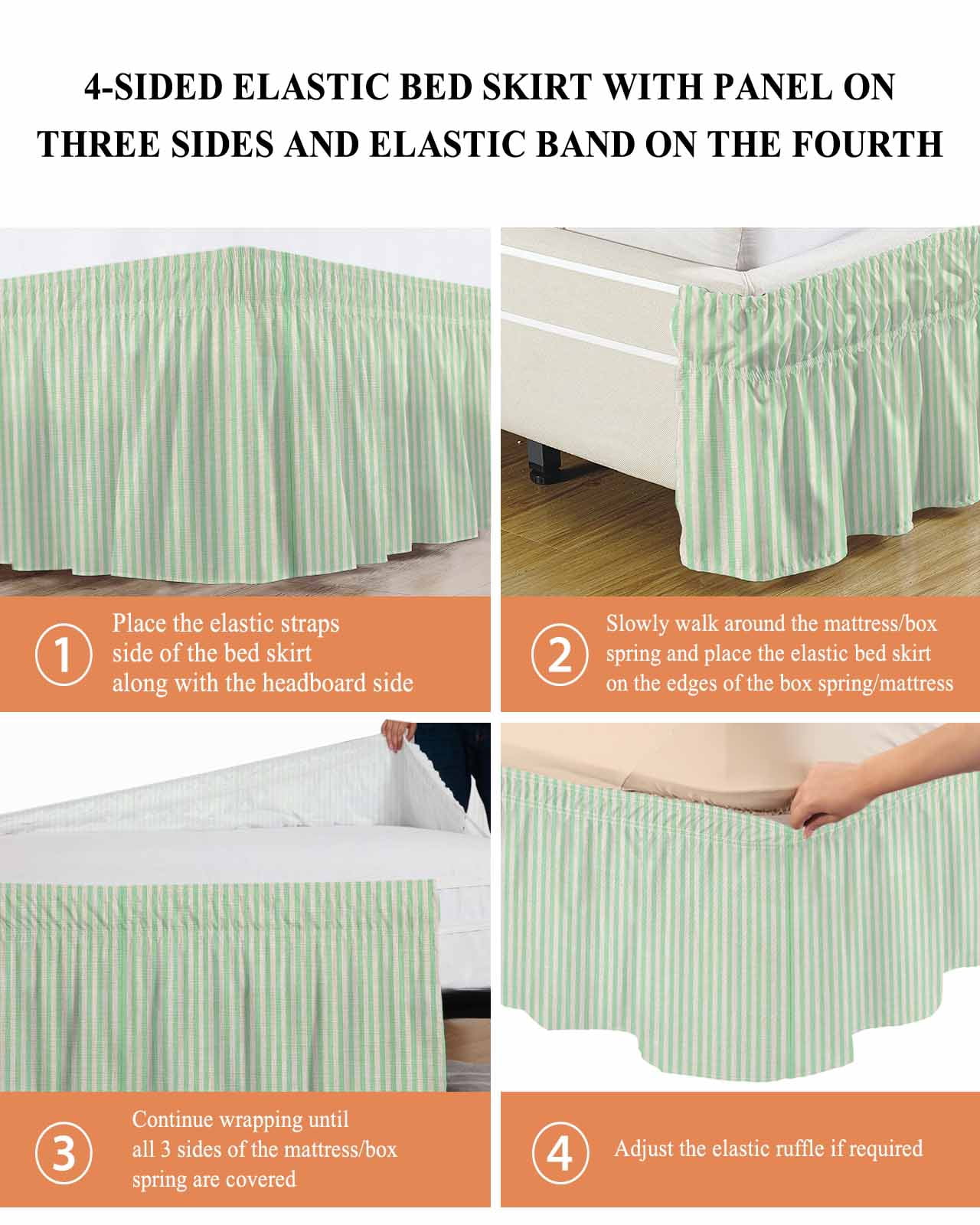 Sage Green Striped Wrap Around Bed Skirts for King Bed 18" Drop, Bed Skirt with Adjustable Elastic Belt Dust Ruffle Bed Valance for Bedroom Hotel Luxury Modern Simple Farmhouse Beige Bed Frame Cover