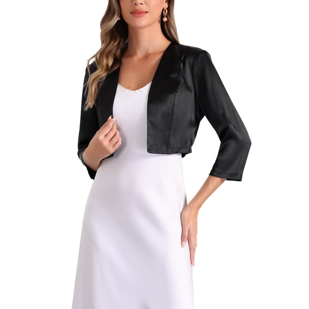 Cárdigan de satén INSPIRE CHIC para mujer, de manga 3/4, abierto, corto, estilo bolero para oficina, color negro