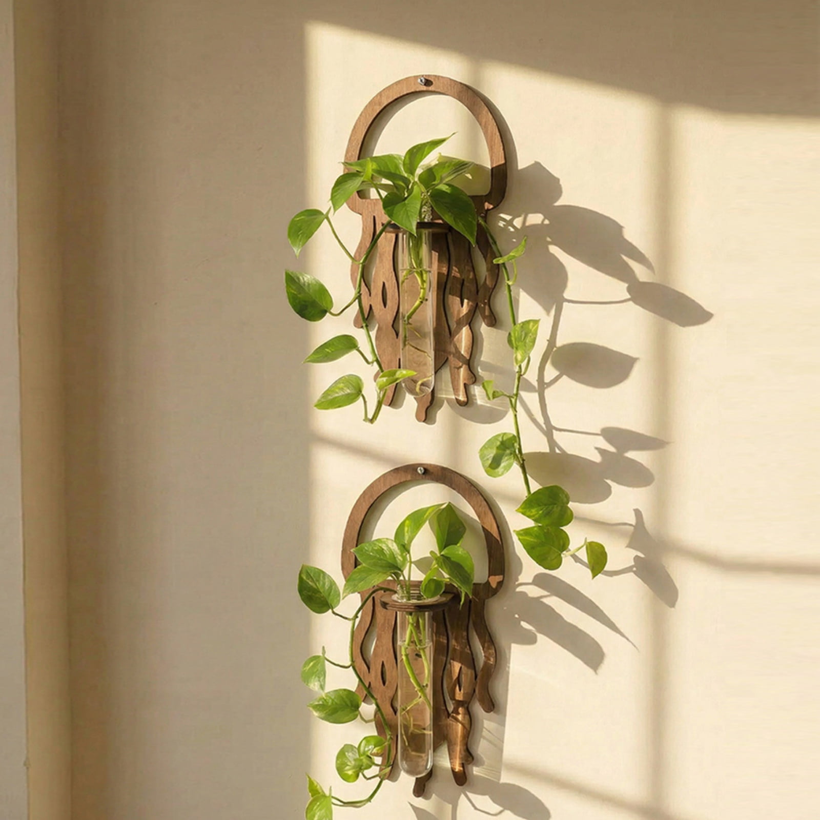 Wooden Jellyfish Shaped Wall Hanging Planter Propagation Station Glass Flower Vase for Hydroponics Plants, Bathroom, Home Office Living Room Decor Gift