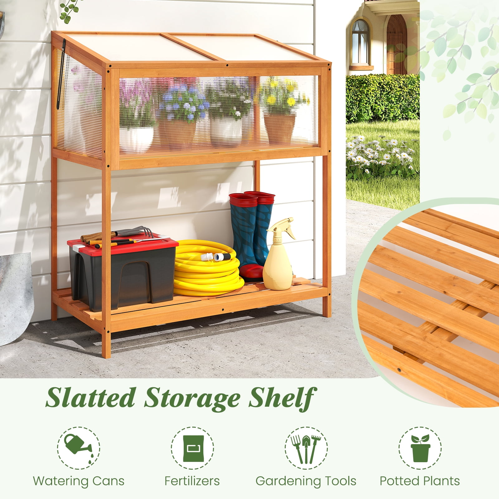 Gymax Wood Cold Frame Greenhouse w/Transparent Openable Roof & Slatted Storage Shelf