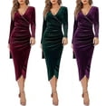 thumbnail image 4 of Vestido de fiesta bodycon fruncido con cuello en V y manga larga de terciopelo elegante para mujer, 4 of 4