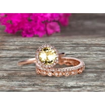 10k Rose Gold 2.25 Carat 6mm Round Cut Champagne Diamond Moissanite Engagement Rings With Two Matching Wedding Band Halo Design Art Deco