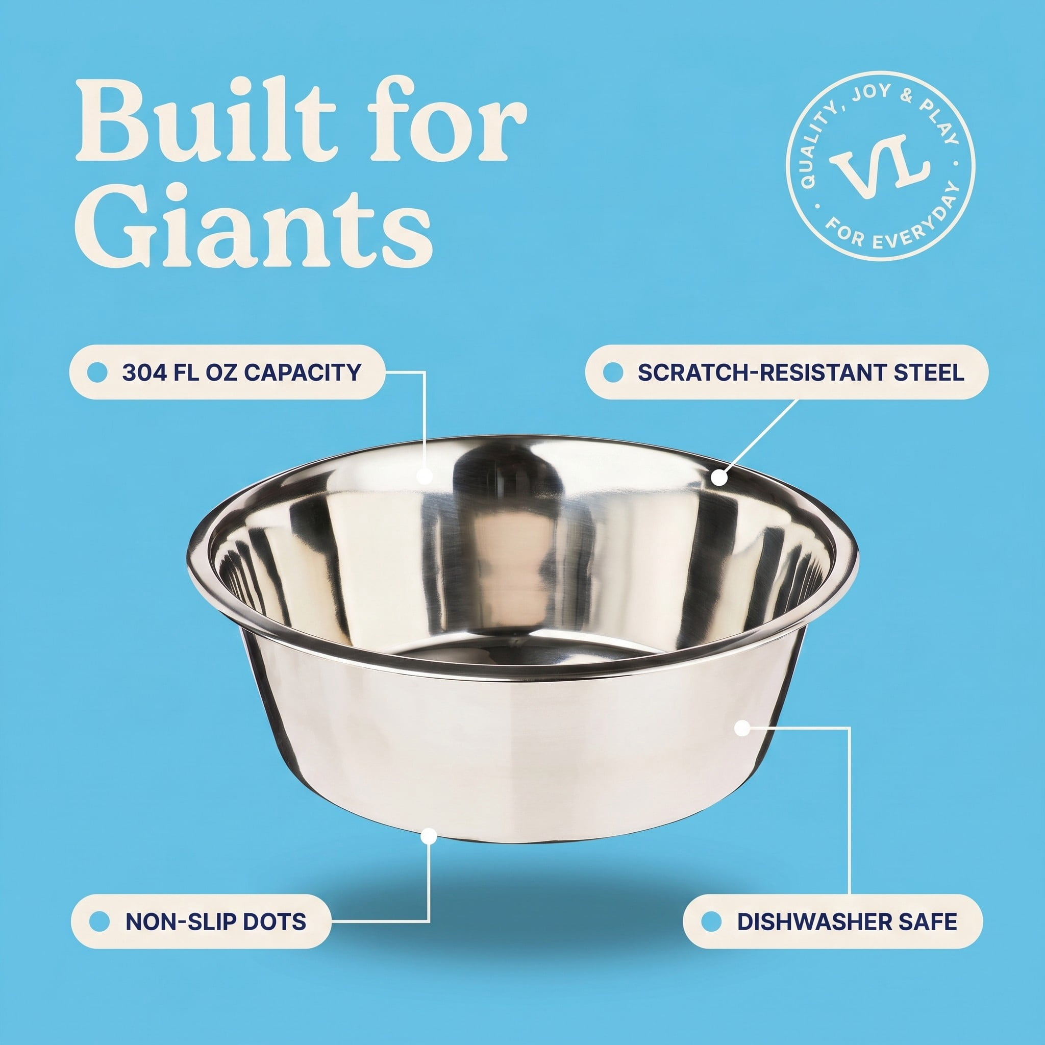 (2 pack) Vibrant Life Extra Large 38-Cup Stainless Steel Pet Bowl, Silver