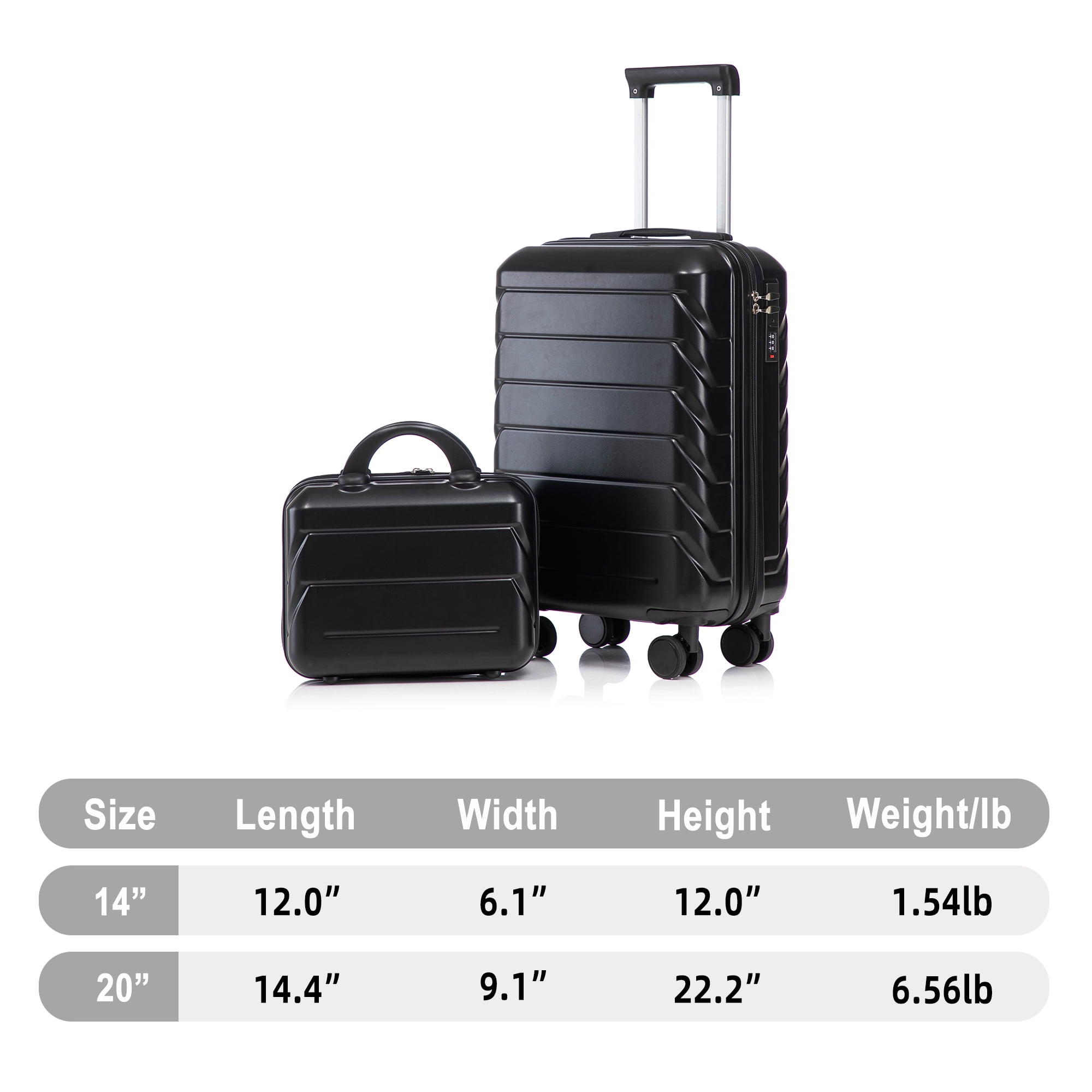 Alvantor 2 Pcs Luggage Set with Combination Lock, 20" ABS Spinner Suitcase & 14" Cosmetic Case, Black