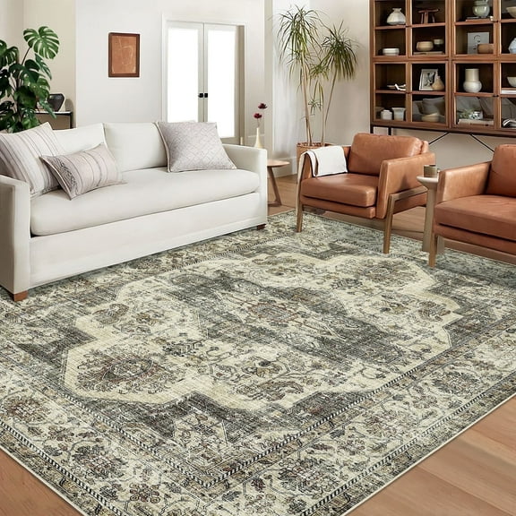 Garvee 8'x10' Area Rugs Vintage Persian Floral Print Rug, Non-Slip Boho Traditional Indoor Oriental Carpet Washable Soft Floor Rug for Living Room Bedroom Home Office, Brown