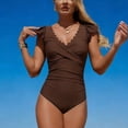 thumbnail image 5 of COMVALUE Women 2026 Tummy Control Color Block Ruffle Sleeve Bathing Suit Full Coverage Slimming Swimsuits Swimwear (S, Coffee), 5 of 6