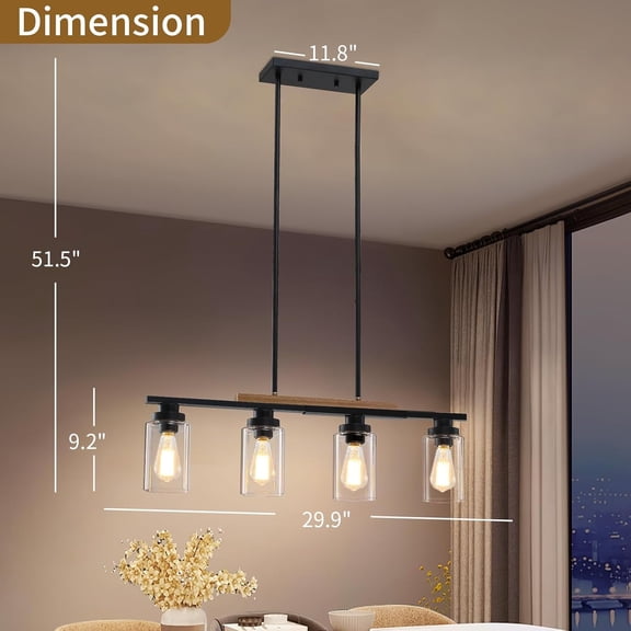 Farmhouse 4-Light Kitchen Island Lighting, Modern Wood Chandeliers for Dining Room with Adjustable Height, Industrial Black Kitchen Pendant Hanging Lights