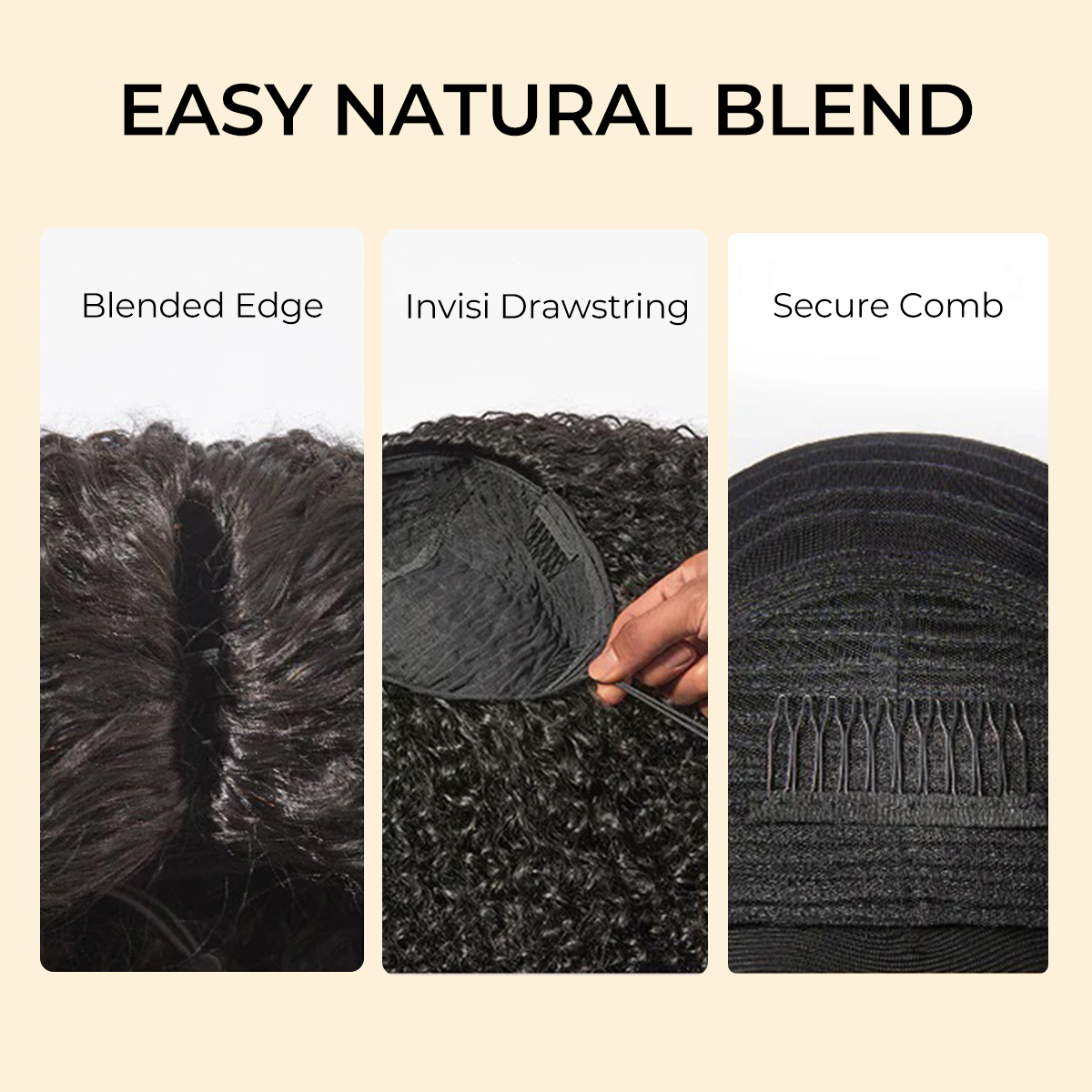 Wear & Go Glueless Straight/ Kinky Curly V Part Wig No Leave Out Thin Part Human Hair Wigs for Beginner Protective Style - Natural Black #1b