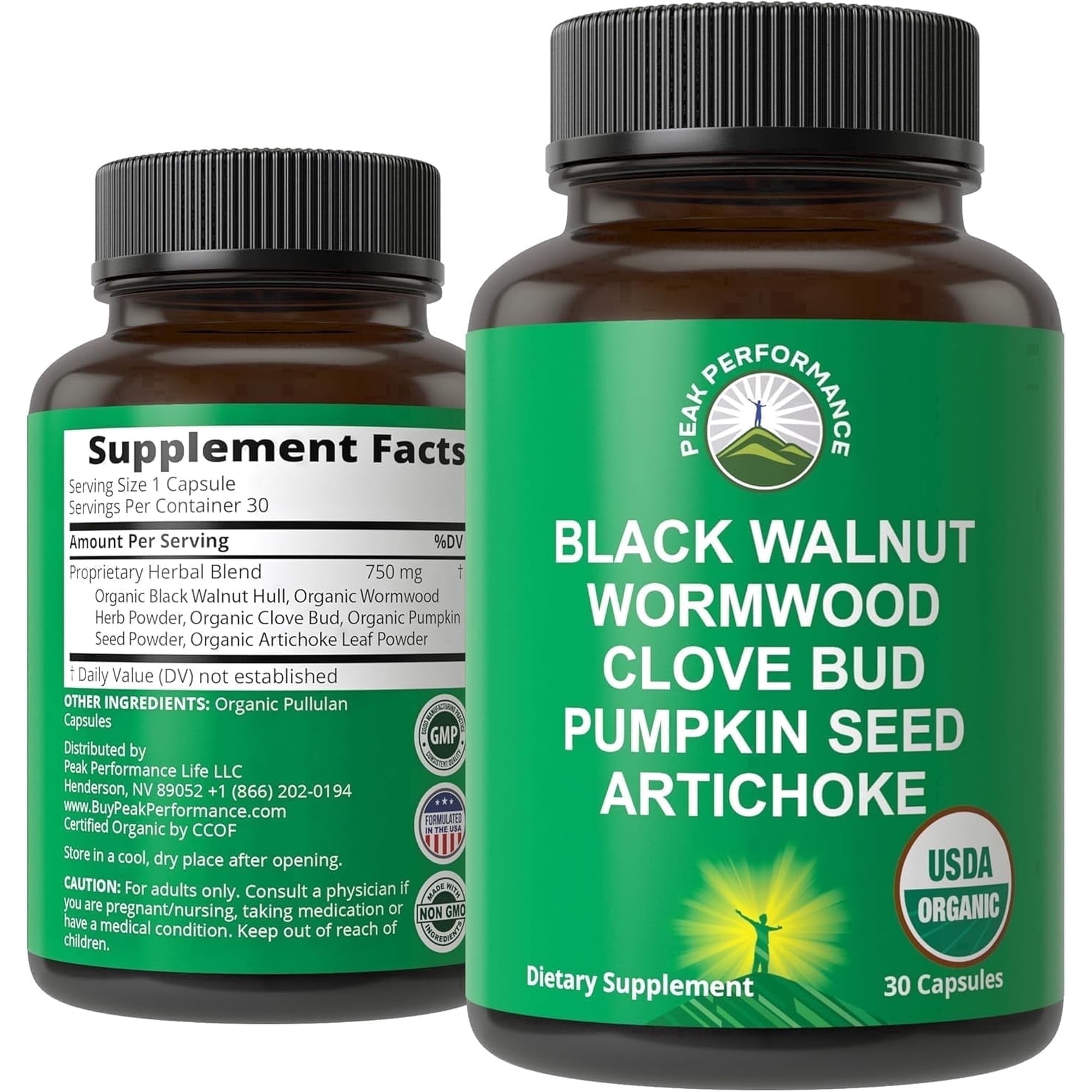 Peak Performance USDA Organic Wormwood Black Walnut Clove Cleanse for Humans. Elimination Detox + Intestinal Support Capsules, USA Formulated