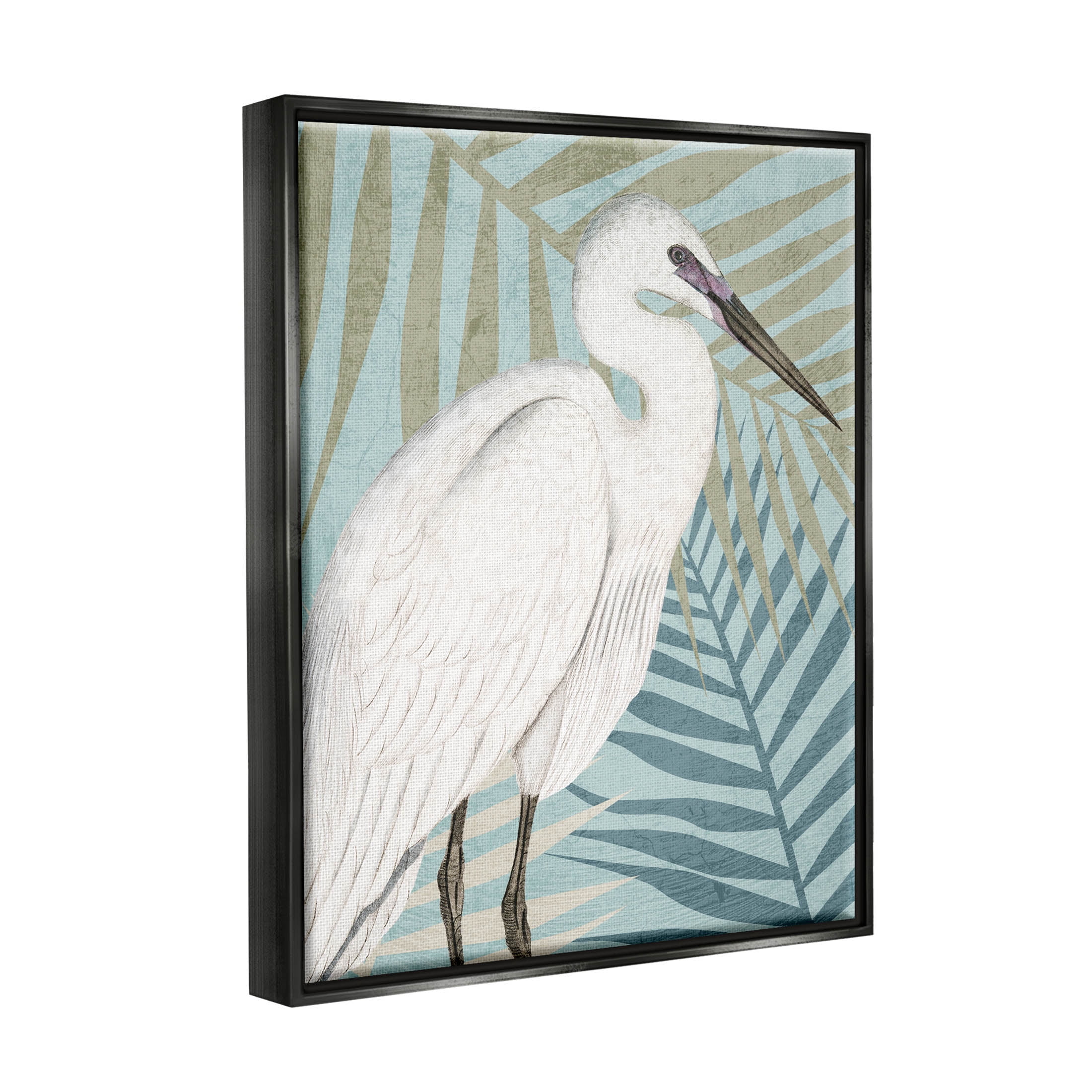 Tropical Egret Botanical Leaves Animals & Insects Graphic Art Jet Black Framed Art Print Wall Art