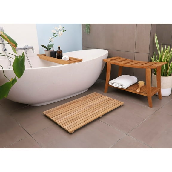 Nordic Teak 30" Asian Style Shower Bench with Shelf - Beige