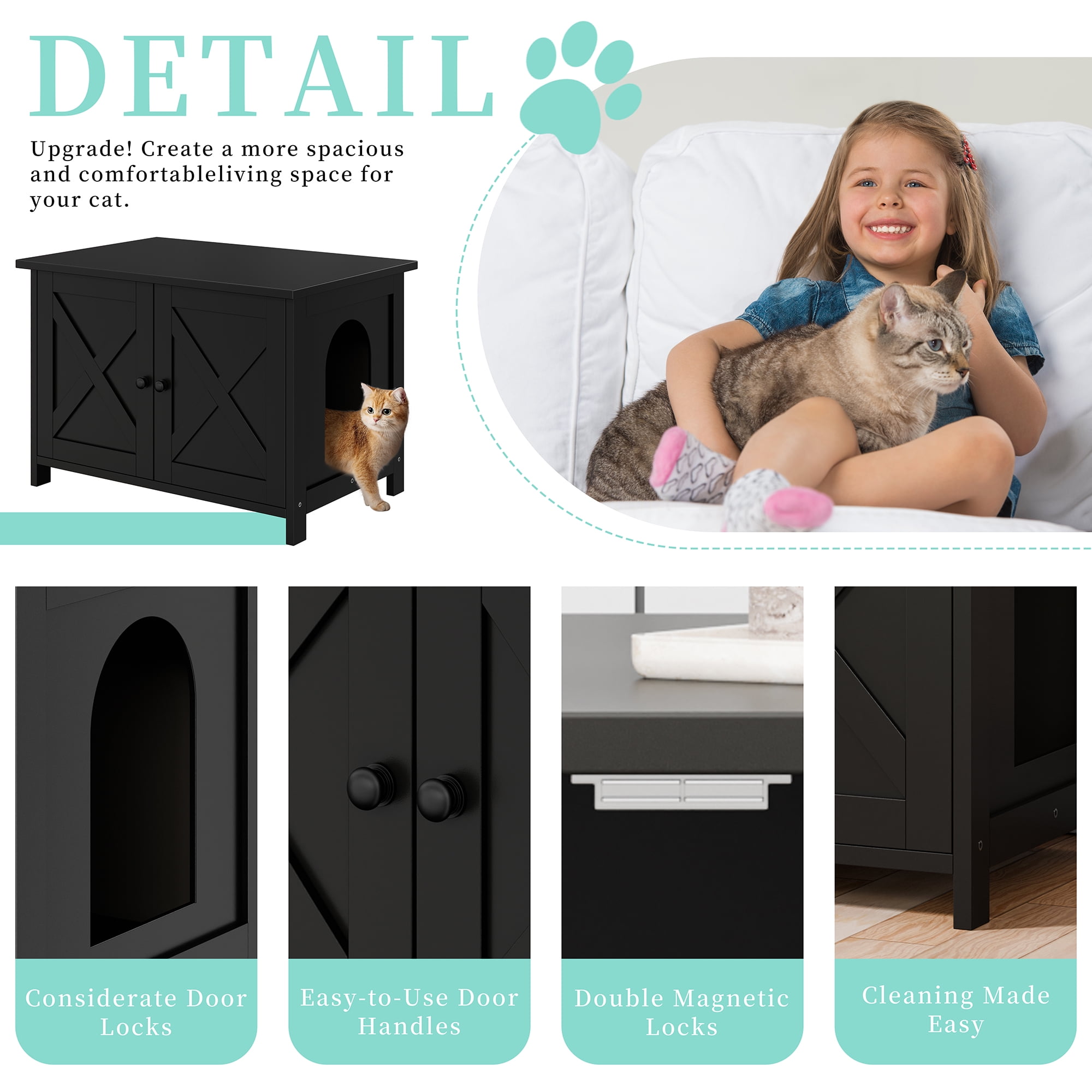 Walsunny Hidden Cat Litter Box Cat Washroom with Double Removable doors and Divider Indoor for Living Room Black
