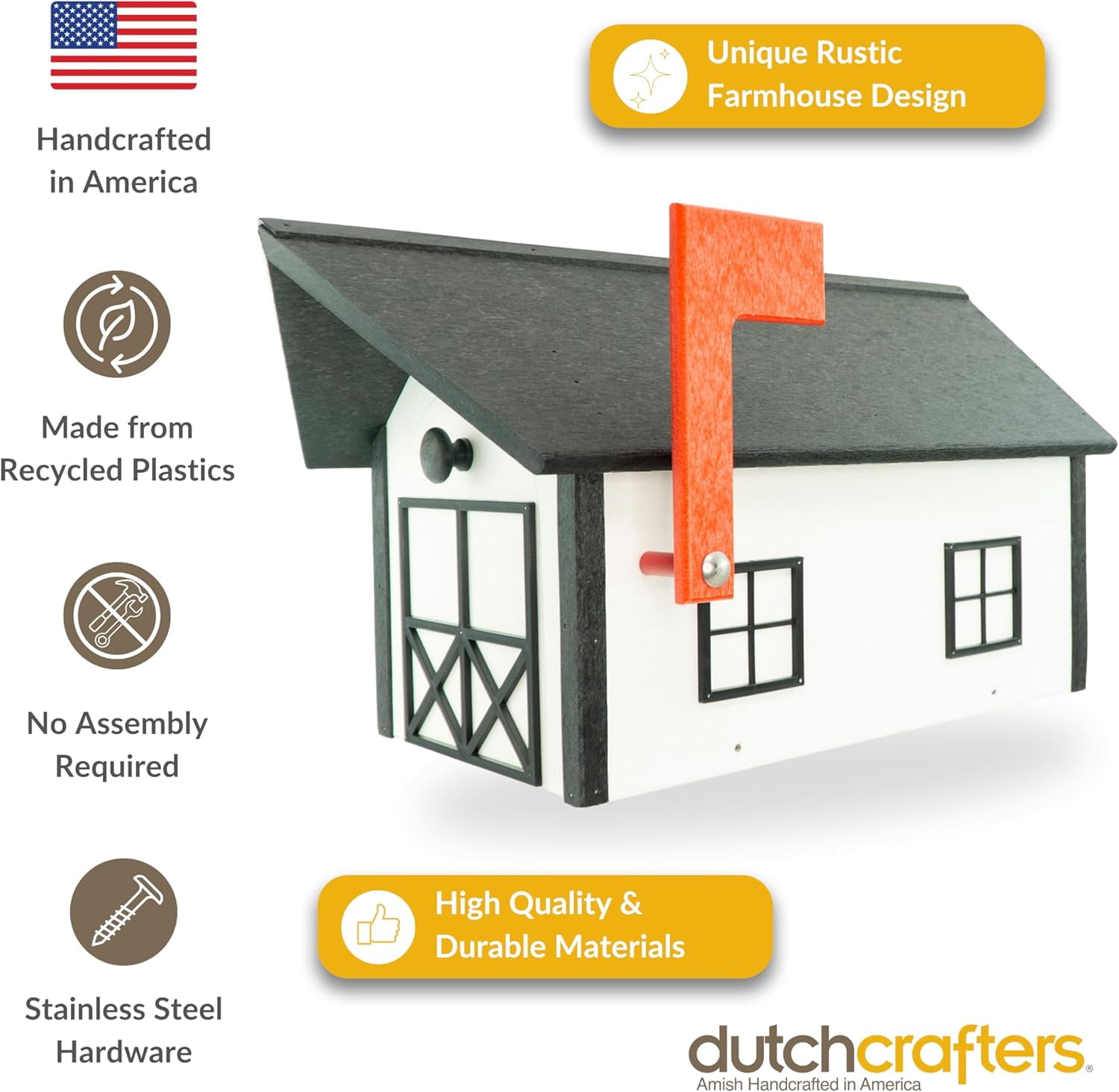 DutchCrafters Large Farmhouse Mailbox, Durable Plastic Barn Mailboxes for Outside, Post Mount Mail Box with Flag, Barnhouse Style - Amish Made in America (Cherrywood and Black)