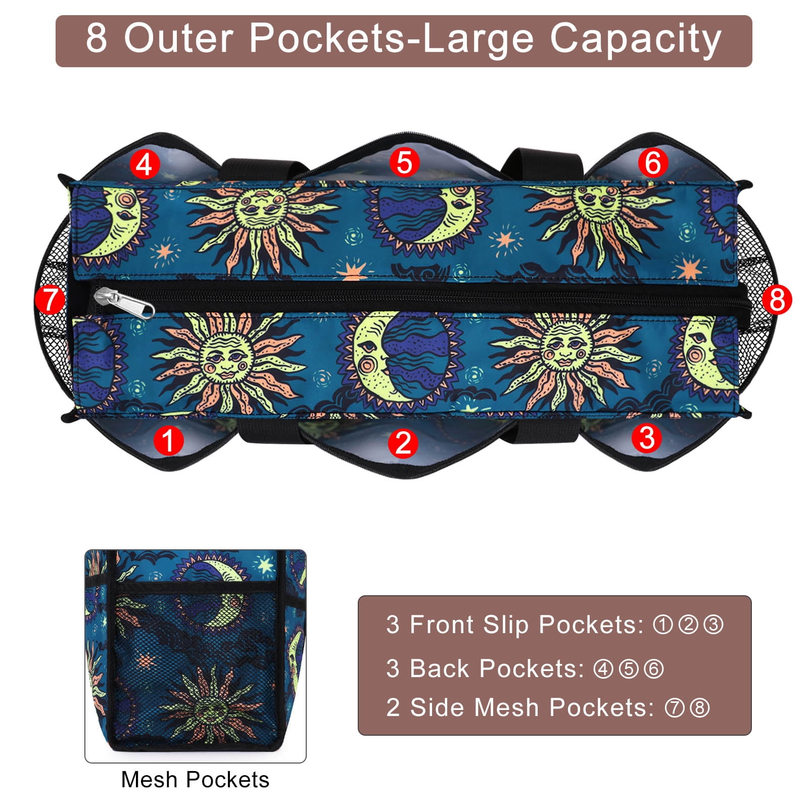 HAWEE Multi Pocket Tote Bag with Laptop Sleeve Large Multipurpose Organizer Bag for Teachers/ Nurses/ Doctor/ Traveller, Sun and Moon