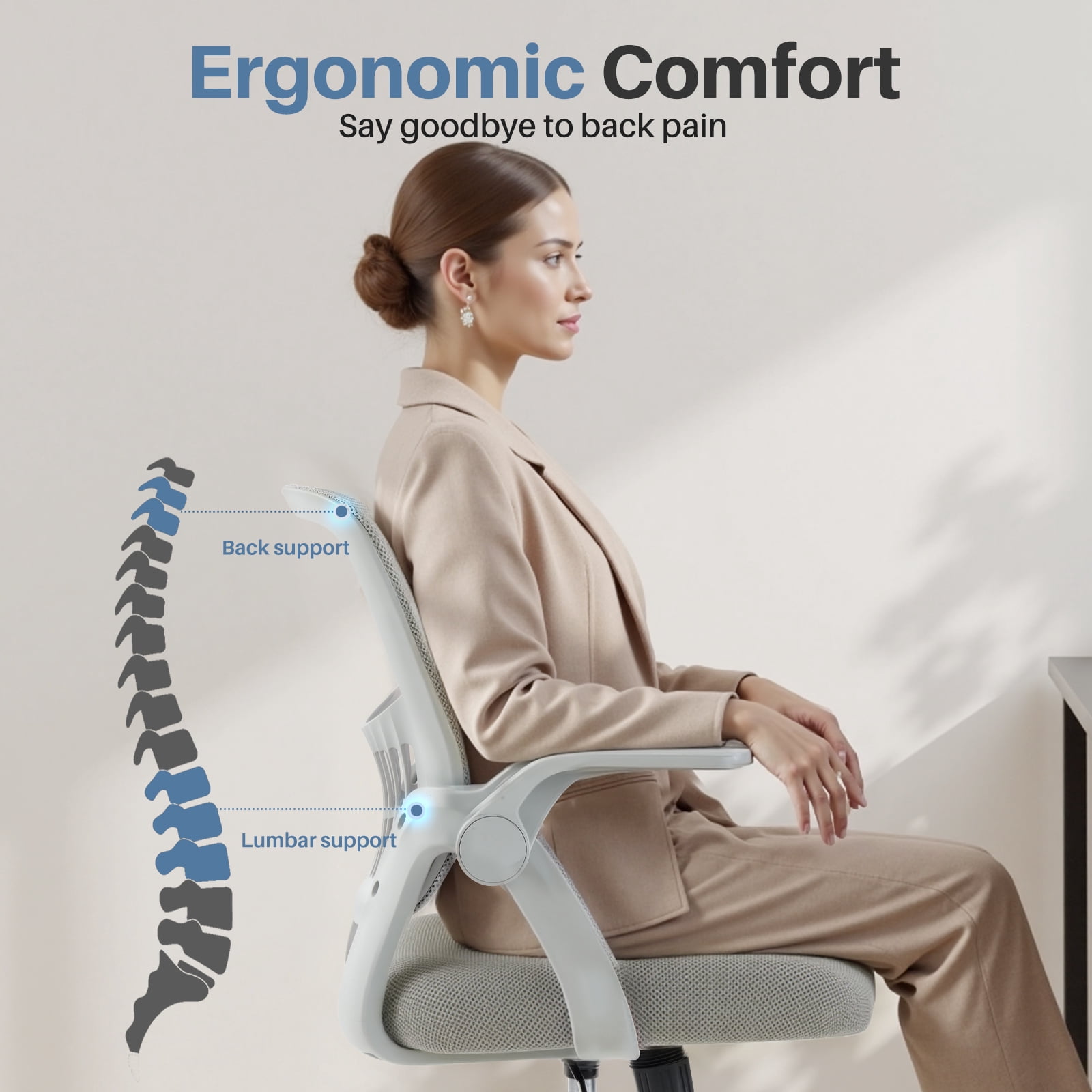 EDX Desk Chair with Ergonomic Lumbar Support, Flip-Up Armrests & Removable Footrest - 250lbs Capacity, Suitable for Home, Office, Bedroom, Gray