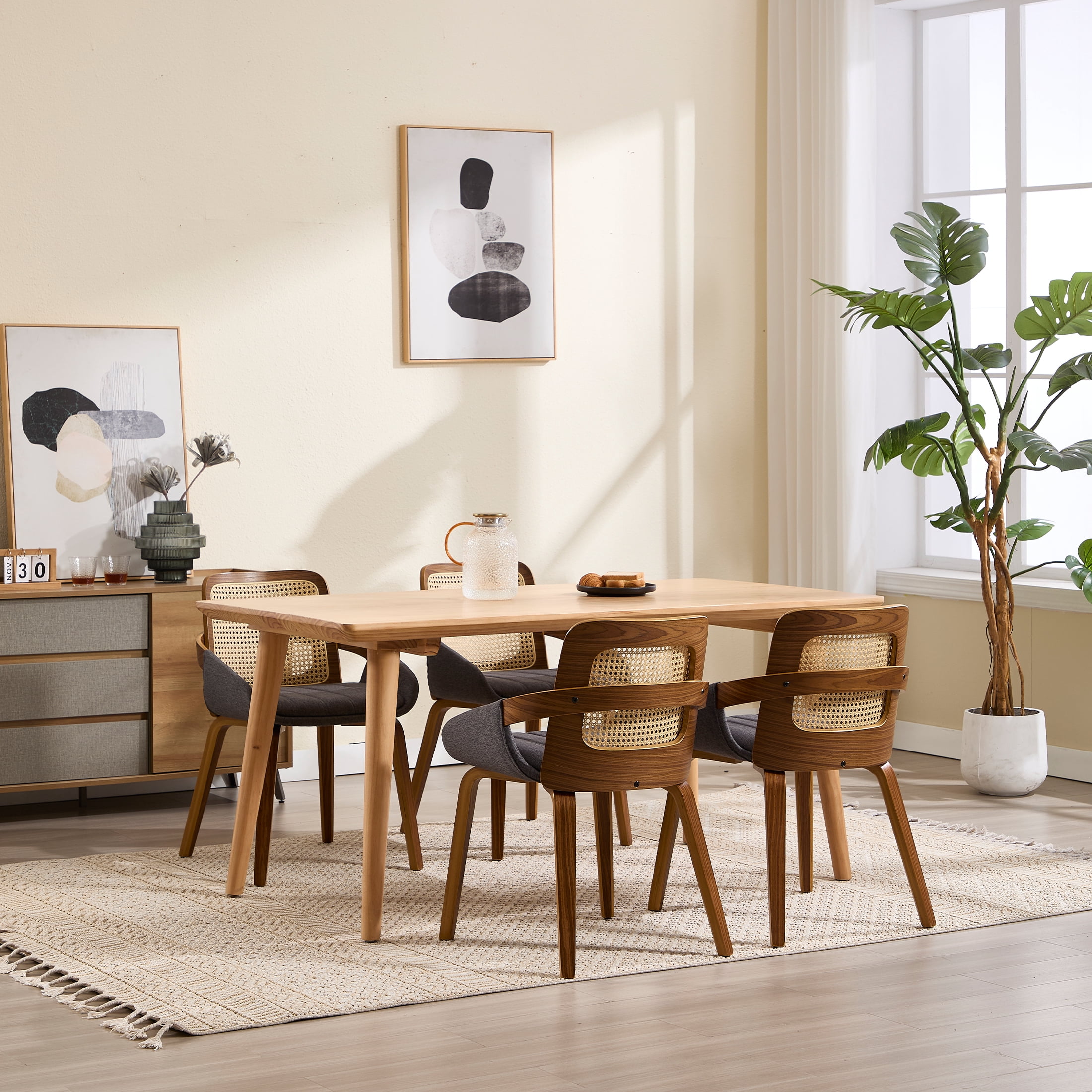 Guyou Modern Rattan Dining Chair Set of 2, Solid Wood Dining Side Chairs, Linen Upholstered Kitchen Chairs with Armrests for Kitchen Dining Room Living Room, Grey