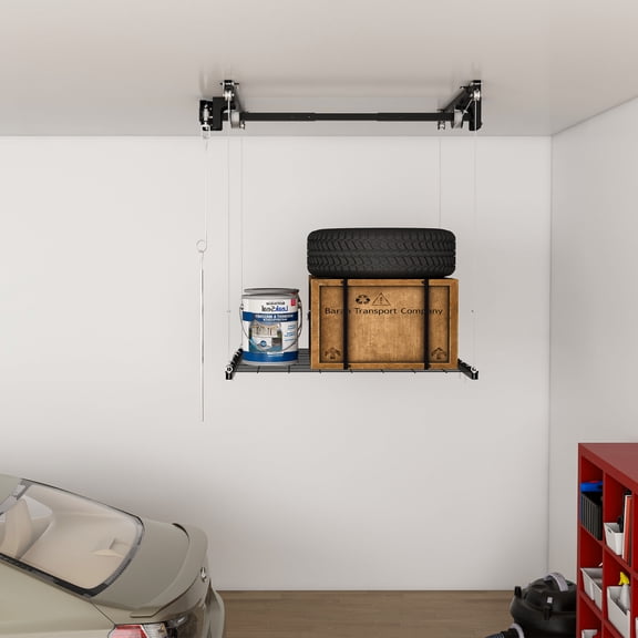 Youmumeub Overhead Garage Storage Rack 4x4 Ft, Heavy Duty Ceiling Shelves with Crank Handle, 250lbs Adjustable Height Garage Organizer