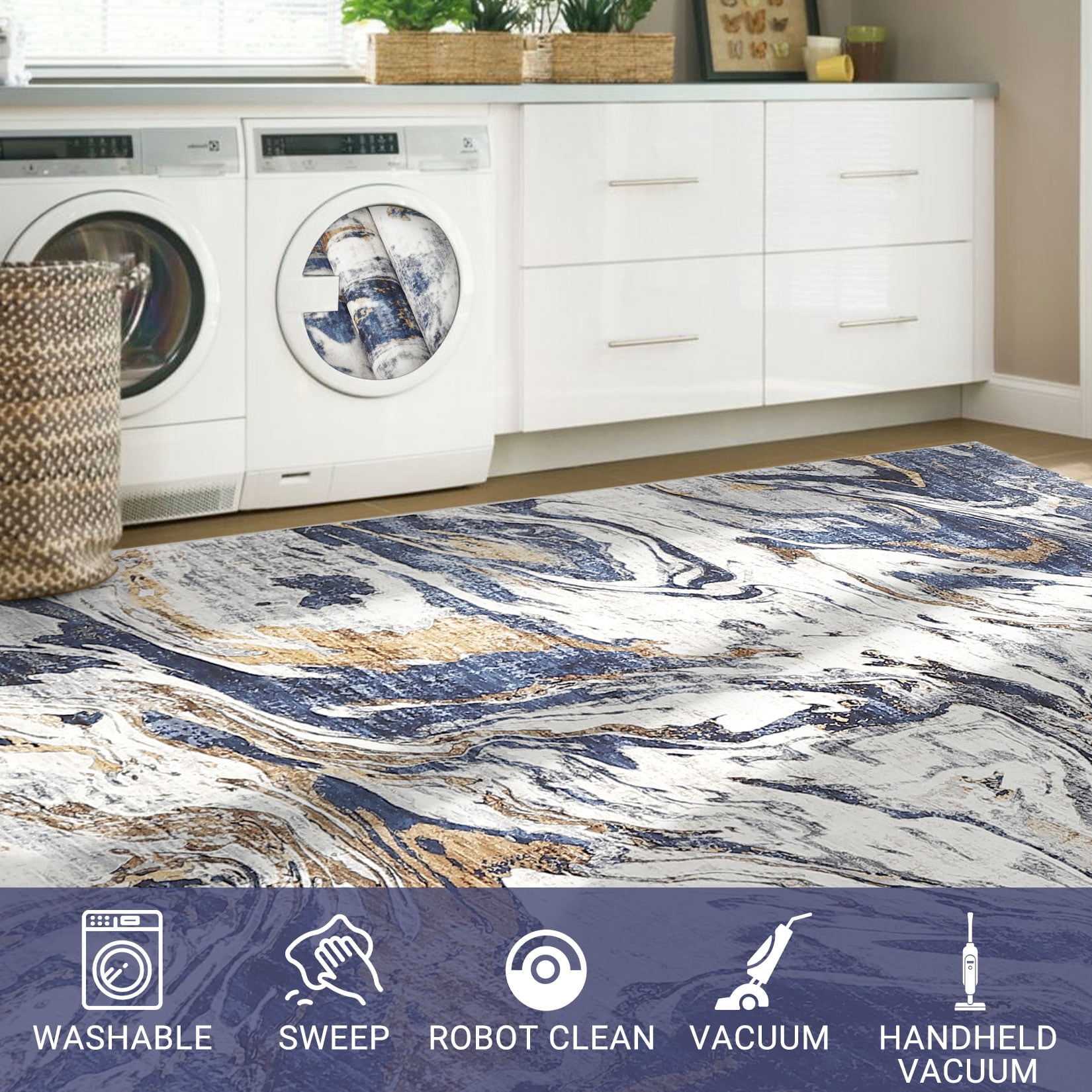 9'x12' Machine Washable Area Rug – Modern Marble Abstract Low Pile Non-Slip Living Room Carpet