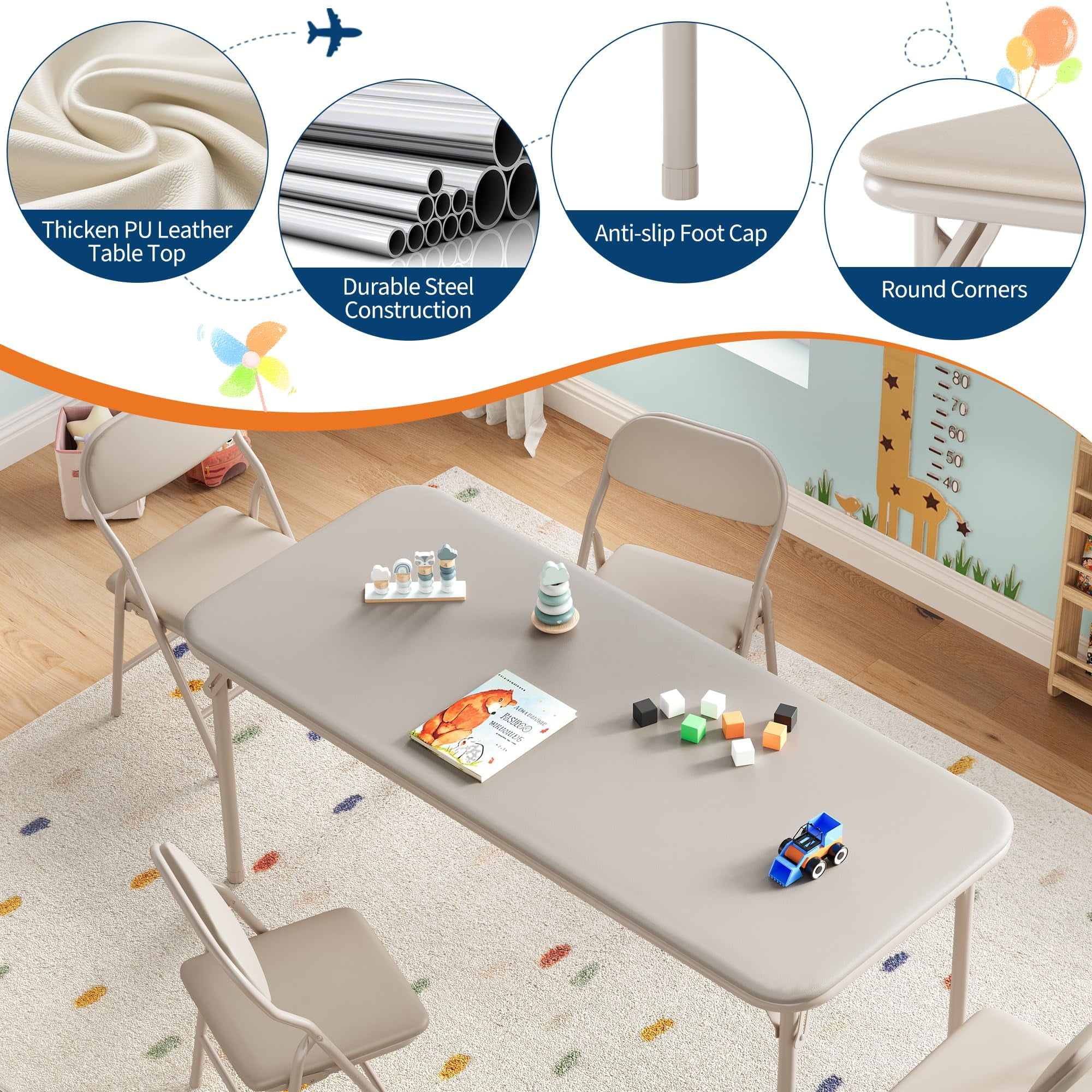 Ultra Soft PU Padded 1/5/7-Piece Kids Folding Table and Chairs Set – Durable Steel Frame, Anti-Slip Feet, No Assembly – Portable for Study, Dining, Learning Space, Play