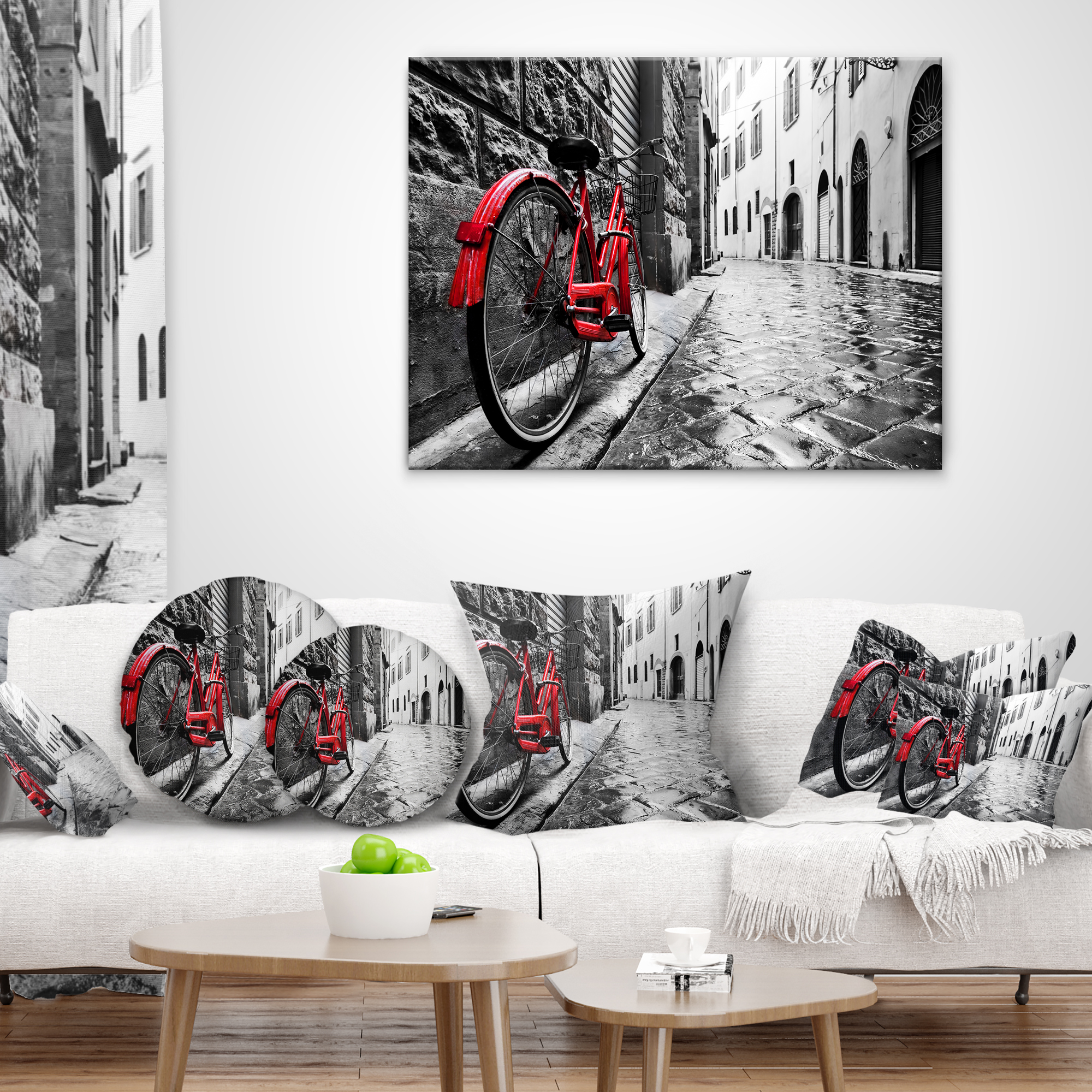 Designart Retro Vintage Red Bike - Cityscape Photo Throw Pillow - 18x18