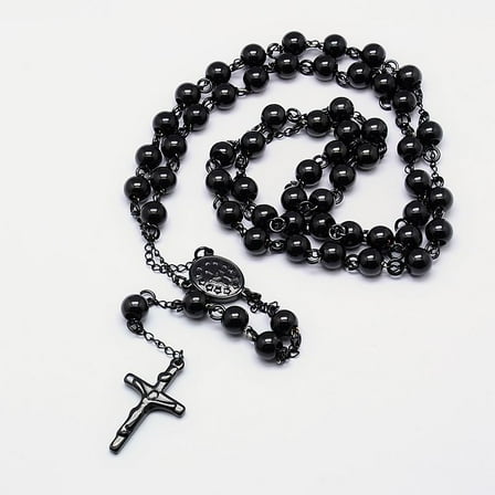 Men's Rosary Bead Necklace with Crucifix 304 Stainless Steel Necklace for Easter Gunmetal 21.7 inch(55cm)