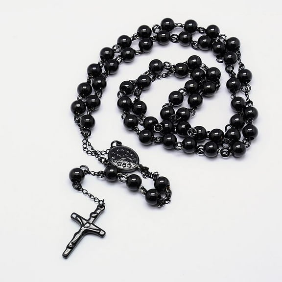 Men's Rosary Bead Necklace with Crucifix 304 Stainless Steel Necklace for Easter Gunmetal 21.7 inch(55cm)