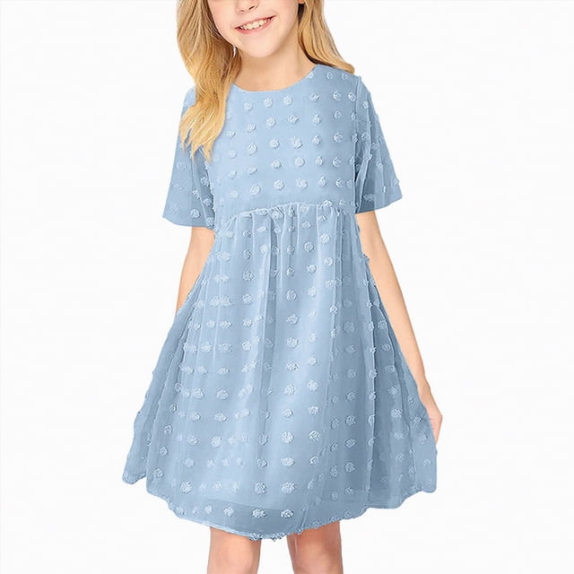 NIEWTR Robe d'Été Unie pour Filles Manches Bouffantes Taille Ajustée Robe Trapèze (Bu2, 7-8 Ans)