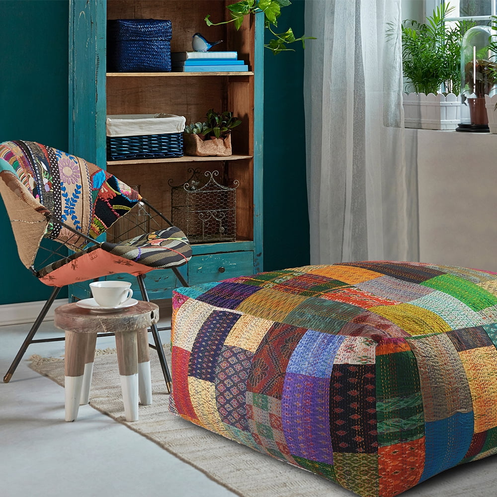 LR Home Patchwork MultiColored Over Sized Large Huge Kantha Ottoman Pouf