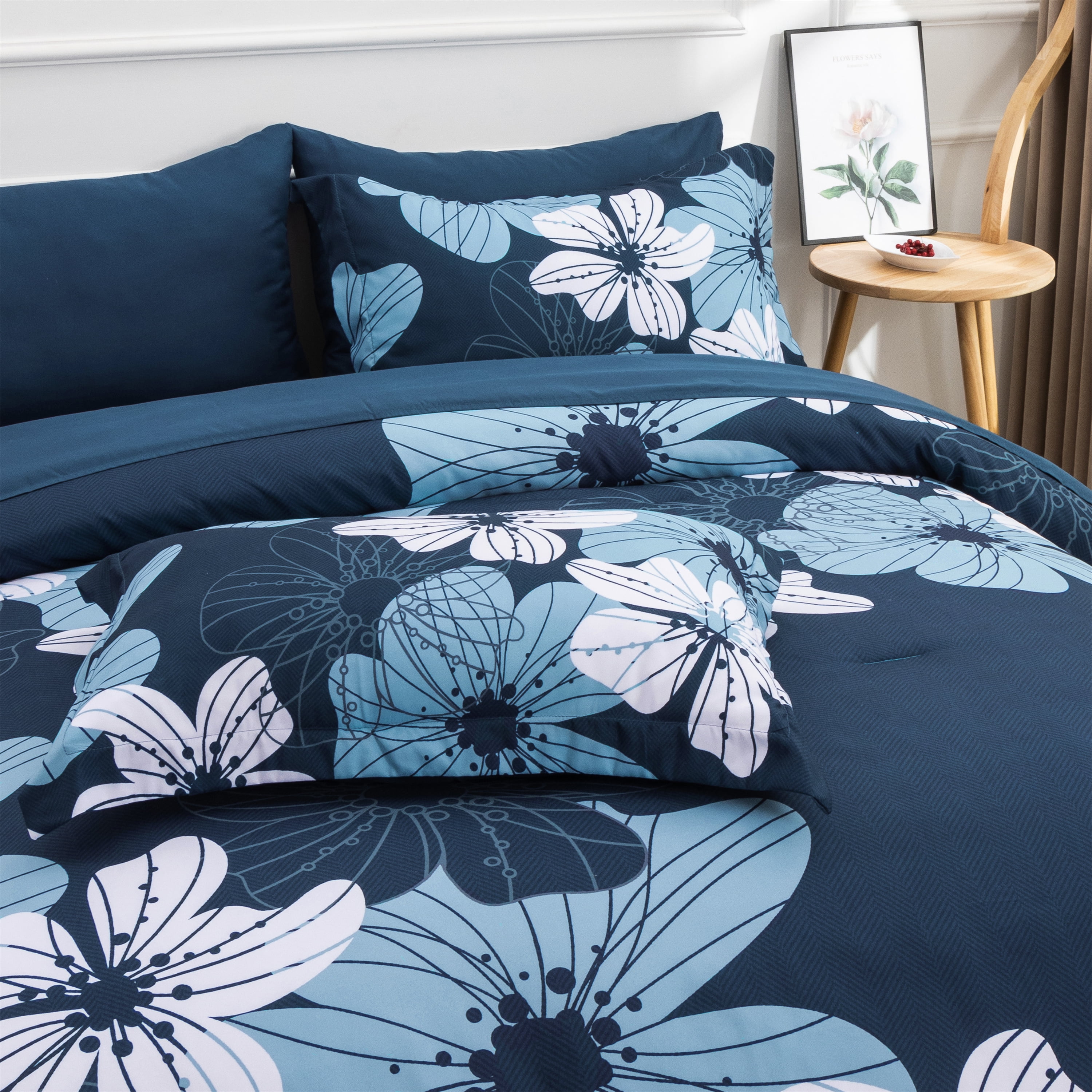 Btargot 6 Piece Navy Comforter Sets King Adult Floral Bedding Set Botanical Boho Flower Bed-in-a-Bag