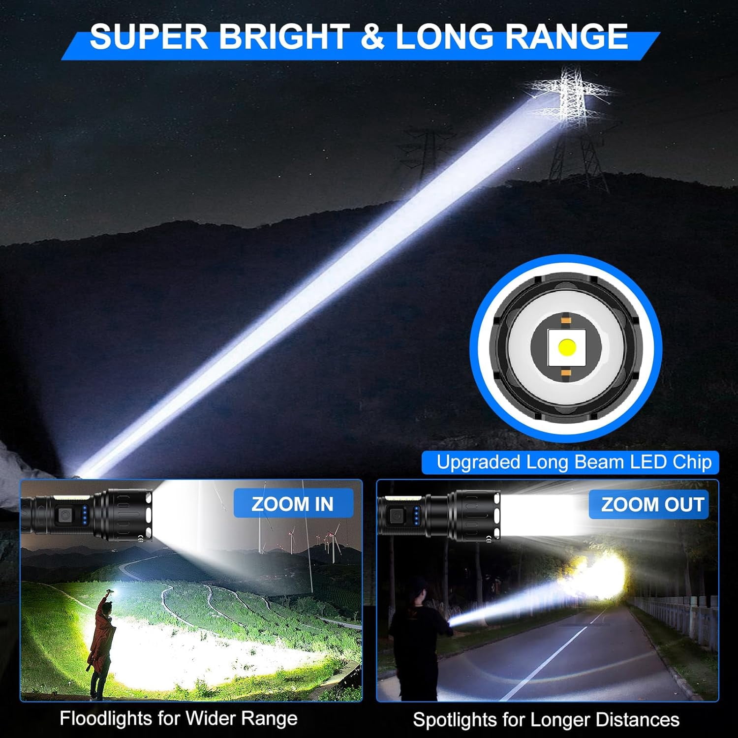 2-Pack Rechargeable LED Flashlights - High Lumens, 8 Modes, Waterproof, with COB Work Light - Great for Camping (Black, Paper Box Packaging)