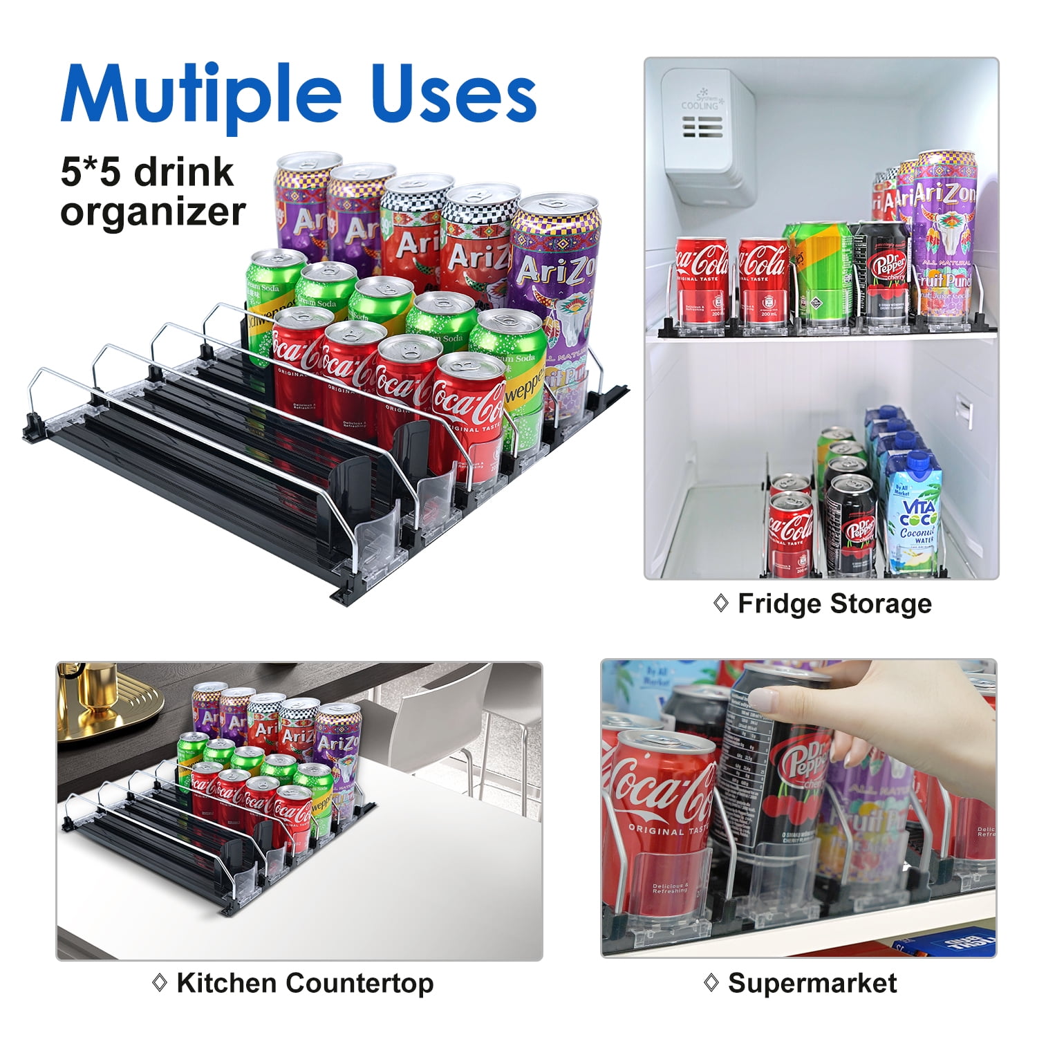 Mouind Drink Dispenser for Fridge, Soda Can Self-Pushing Organizer, Adjustable Width Beer Pop Water Bottle Storage for Refrigerator Kitchen Pantry (12