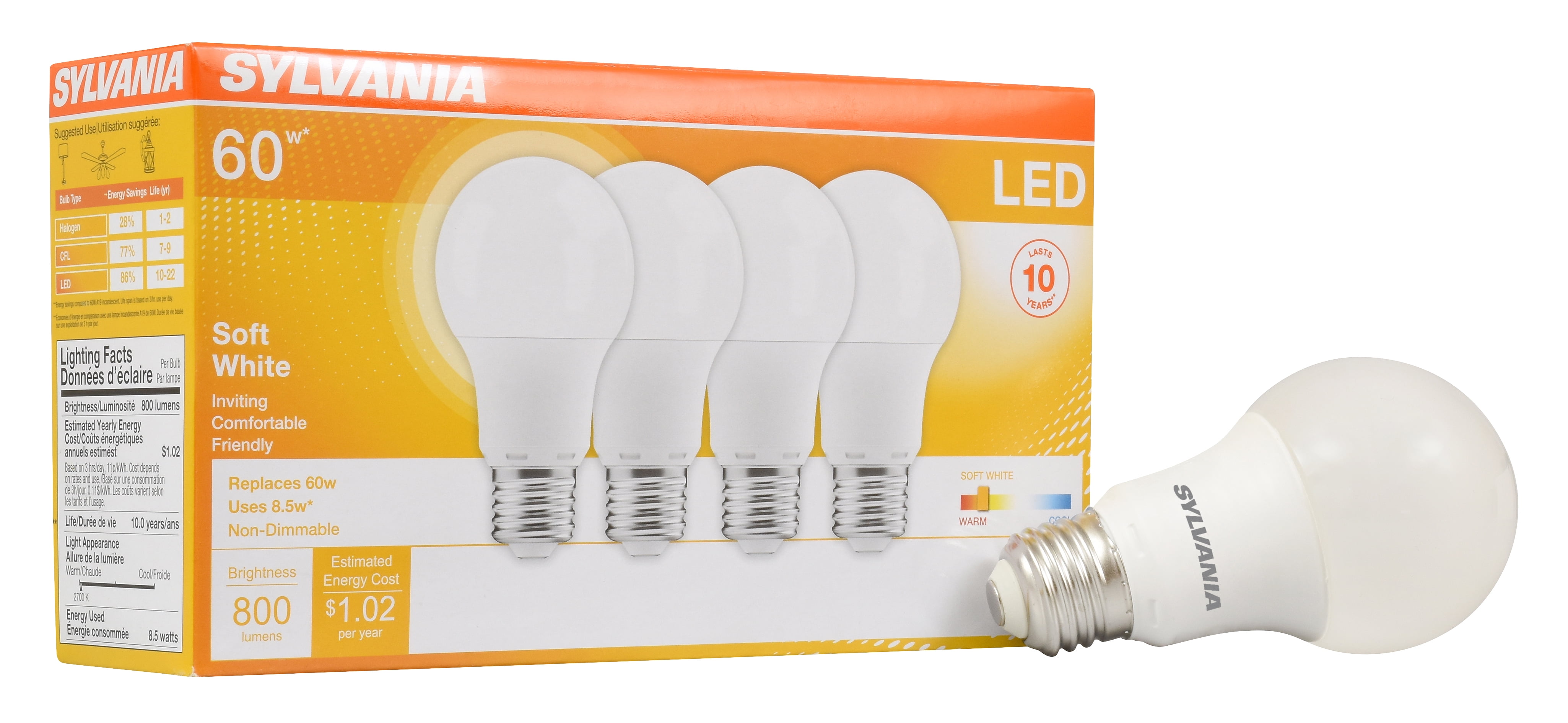Sylvania LED Light Bulbs, 8.5W (60W Equivalent), Soft White, 4count