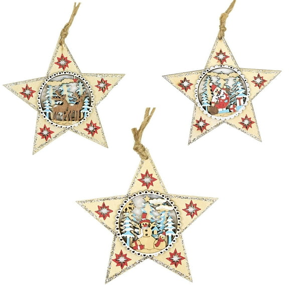 Holiday Ornament Star With Winter Scene Santa Snowman Deer Laser Mx181266