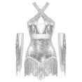 thumbnail image 2 of Kaerm Women 2Pcs Glittery Latin Dance Outfit Cross Front Tassel Leotard with Metallic Gloves Silver XL, 2 of 7