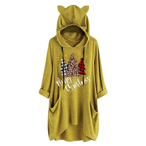 Camisas Navideñas Para Mujer, Camisetas de Manga Larga, Cuello Redondo, Con Capucha, Bolsillo Estampado, Camiseta Suelta de Otoño Odeerbi ODB205211