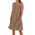 thumbnail image 1 of Vestido de verano para mujer hasta la rodilla, sin mangas, de color liso, con bolsillos, mezcla de lino, para llevar en la playa., 1 of 8