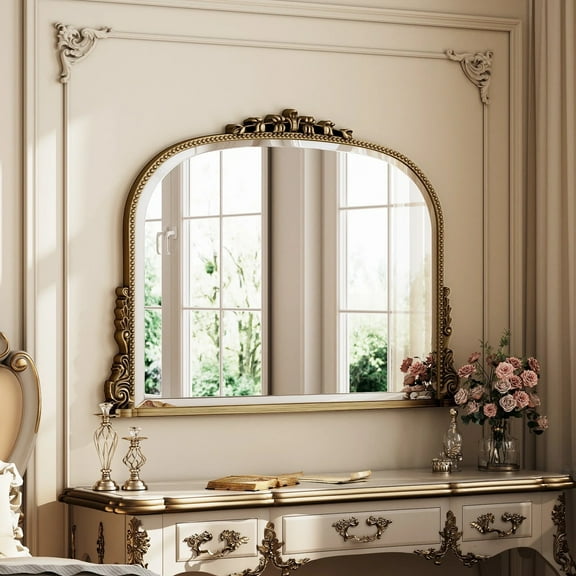 BEAUTYPEAK 36"x 27" Arched Vintage Decor Mirror Vanity Wall Mirror, Antique Bronze