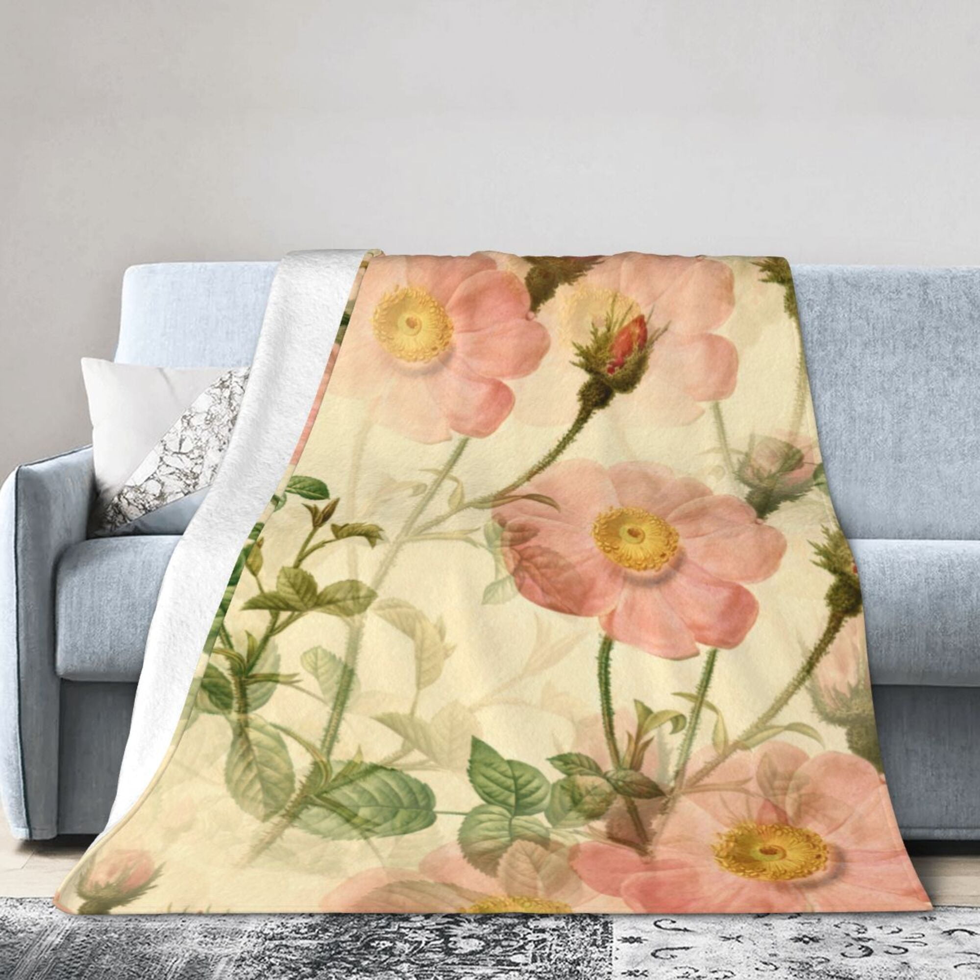 Pink Vintage Flowers Throw Blanket, AntiPilling UltraSoft Micro