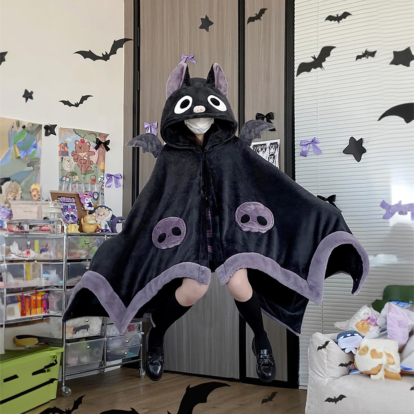Cute Bat Blanket Hoodie, Wearable Bat Blanket Adult for Halloween Cosplay, Soft Hooded Bat Cape for Women