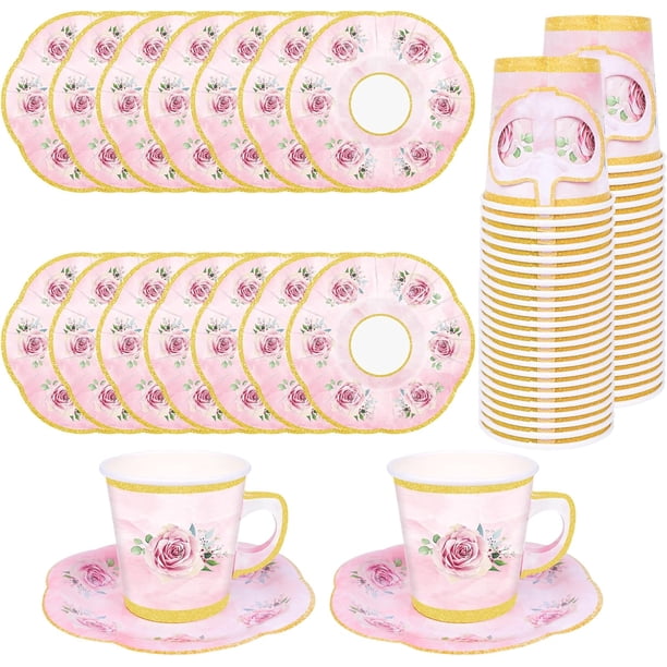 50 tazas de té y platos de papel desechables con flores rosas, juego de platos y tazas de té con borde dorado para bebidas frías calientes para bodas, cumpleaños, baby shower, fiesta de té, sirve 25